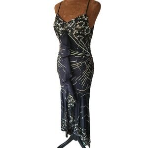 Vintage Y2K Sue Wong Dress Size 8 Ruffle Beaded Sequins Whimsy Fairy Black Silk